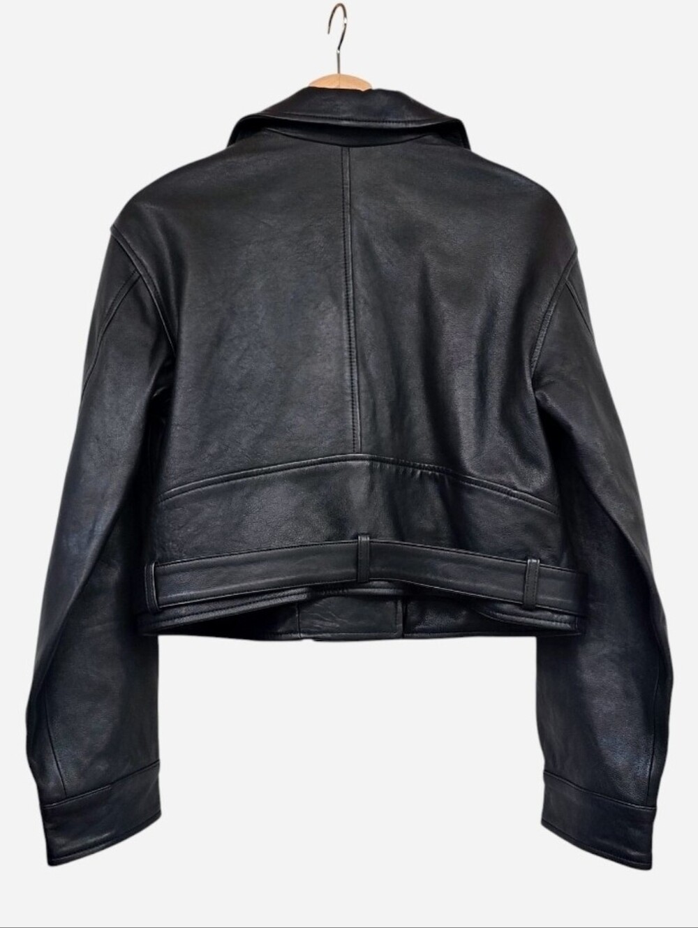 New Maje Besley Black Leather Biker Moto Jacket, Cropped Belted, FR 40/US 8 - Picture 3 of 15